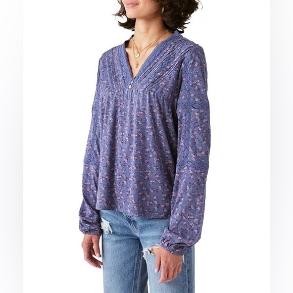 NWT Lucky Brand Floral Print Lace Inset Peasant Top Long Sleeve V Neck Sz XS - Picture 3 of 16